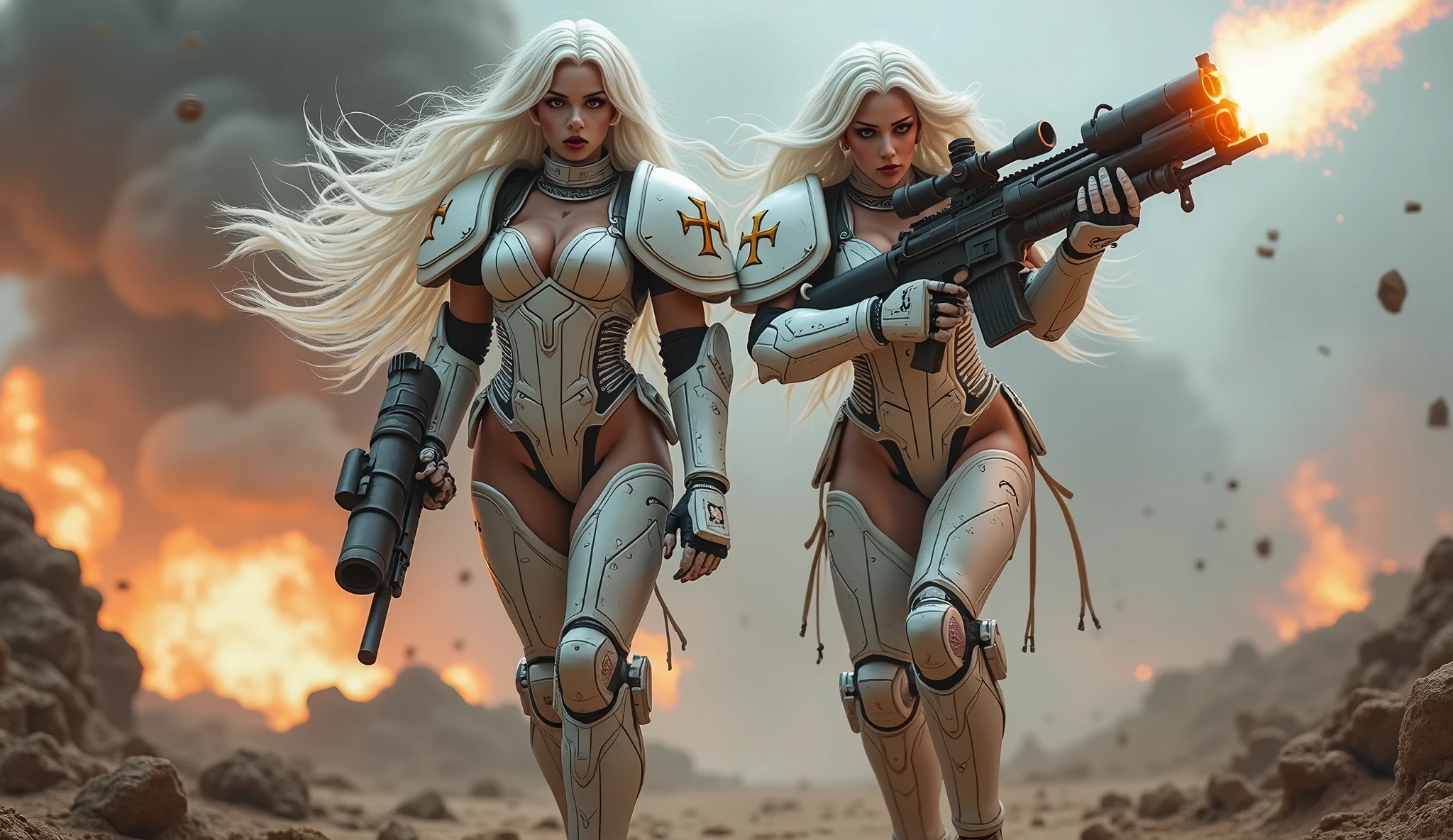 Full body pose sexy sisters of battle from the warhammer 40k, white armor with intricate details, religous symbols on the armor, sisters of battle, warhammer 40k, Massive silicone breast, pale skin, seductive, temptation, eat your soul, clevage, xtremely long flowing neon white hair, xtremely long flowing neon white hair, heavy gothic makeup, at night, neon, beautiful detailed eyes, beautiful detailed lips, extremely detailed eyes and face, long eyelashes, highly detailed armor, intricate futuristic weaponry, dramatic lighting, cinematic composition, muted color palette, gritty and realistic, mecha, science fiction, hyper-detailed, photorealistic, award winning digital art, 8k, HDR, masters work, in the middle of a battle field, full body combat action pose, explosions and fire around, full war, stunning, Stilleto heels, high heels, full body pose, cinematic, movie trailer, final stand!, nemesis, ready to strike, dust and debree, combat screams, attacking. shooting at the enemy, running forward, last line of defense, charging, fanatic, religious, templar knights, sisters of battle, warhammer 40k