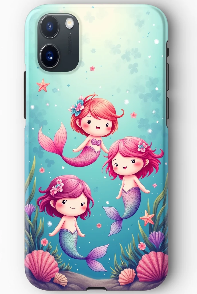 Design a phone cover featuring chubby mermaid characters with round faces and tiny tails. Include details like shells, starfish, and underwater plants. Each mermaid should have a different color tail and hairstyle. Use a bright, pastel color palette with pinks, aquas, and purples to give an underwater magical feel.