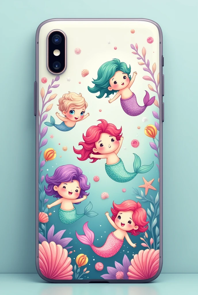 Design a phone cover featuring chubby mermaid characters with round faces and tiny tails. Include details like shells, starfish, and underwater plants. Each mermaid should have a different color tail and hairstyle. Use a bright, pastel color palette with pinks, aquas, and purples to give an underwater magical feel.