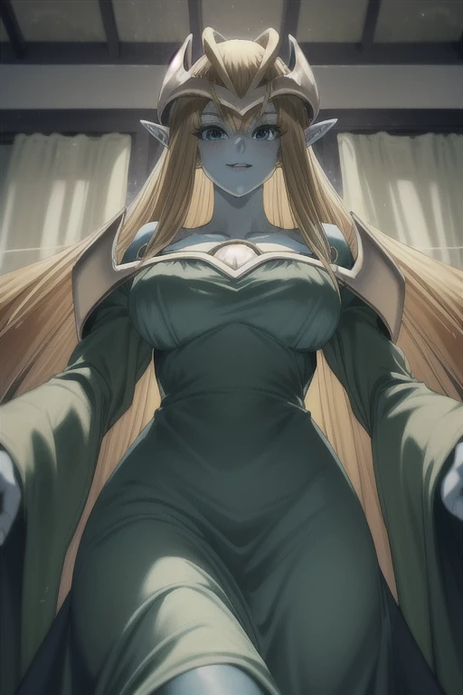 mysticalygo, mystical elf, smile, green dress, long sleeves dress. loose sleeves, long skirt, blue skin, blonde hair, long hair, room, Yugioh, from below, 1girl, Solo, Long Hair, Breasts, Masterpiece, Best Quality, Blonde Hair, 