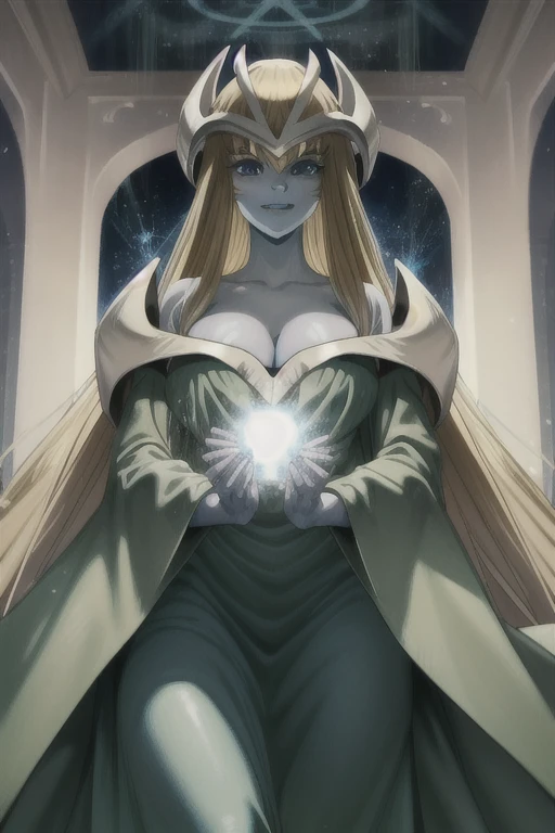 mysticalygo, mystical elf, smile, green dress, long sleeves dress. loose sleeves, long skirt, blue skin, blonde hair, long hair, room, Yugioh, from below, 1girl, Solo, Long Hair, , Masterpiece, Best Quality, Blonde Hair, 