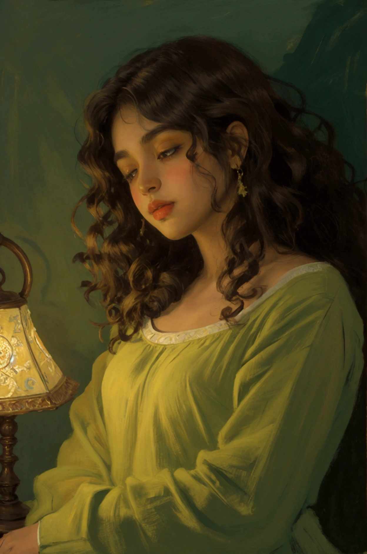 a painting of a light brown-skinned woman, green eyes and curly brown hair naked asleep
