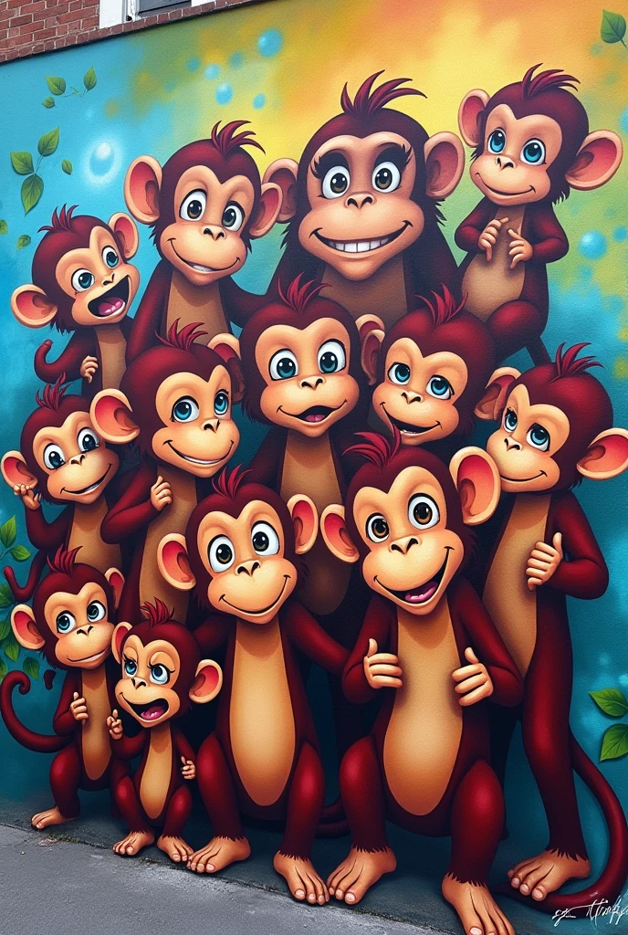 Create me a graffiti of a family of monkeys that has 3 babies, one girl and two boys , 2 agers, one female and the other male , 7 adults 3 men 4 women and dad and mom in total 13 monkeys that have different gestures can be cartoon monkeys remember there are 13 monkeys