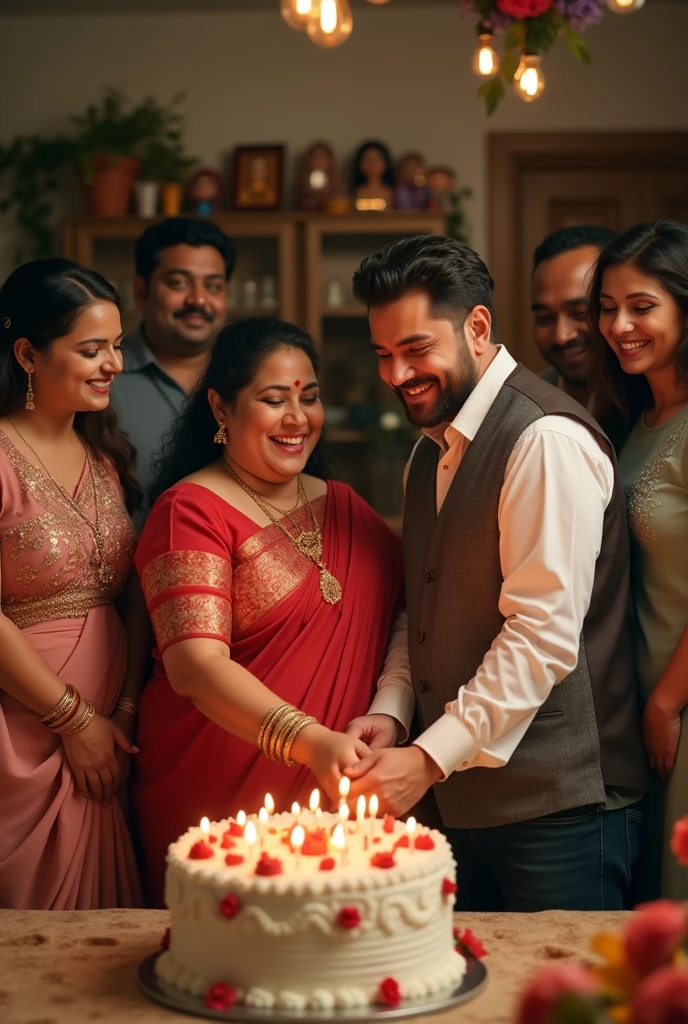 Indian married  Chubby women and slim husband birthday cake cutting