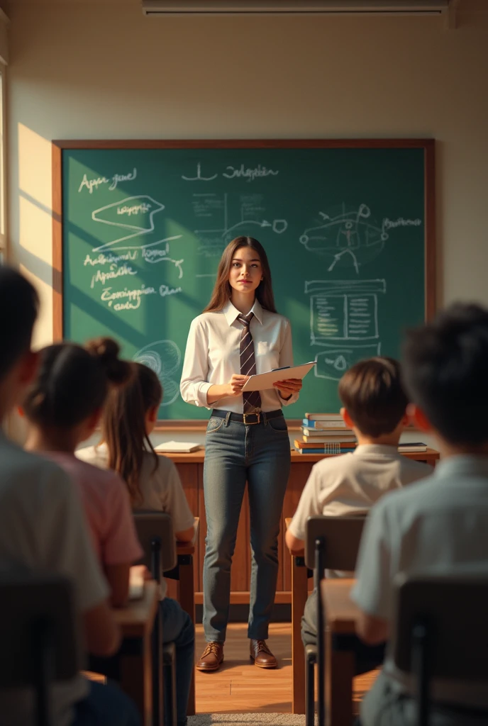 Students learning about a topic in front of a blackboard
