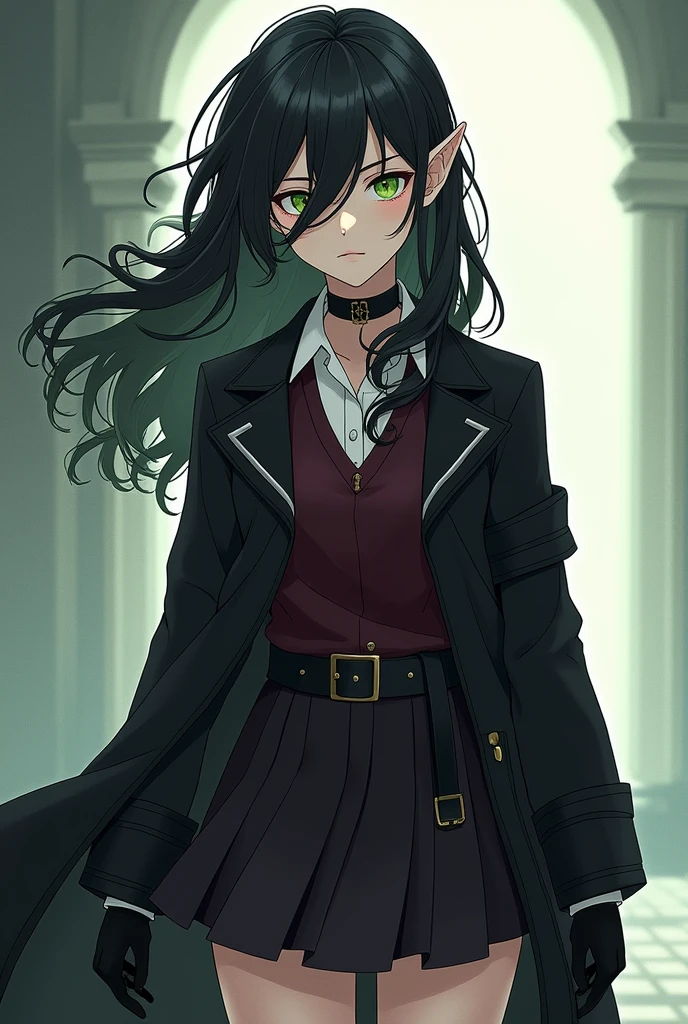A female elf character, anime. Young and serene appearance of hair down to below the shoulders, wavy and dark, black, with an asymmetrical hairstyle that partially covers one side of her face, Her right eye is covered by her hair. His eyes are a deep green color. He is wearing black clothing that includes a long, dark trench coat., with long sleeves and a short that reaches to the middle of the thighs. The trench coat has a belt tied at the waist., that fastens in the front. He has a white button-down shirt and a small, wine-red, closed vest.. He wears gloves and knee-high boots and a tie., los tres black. The posture and facial expression suggest that she is ready for a battle or quick action.. She is tall and serious. That represents light and darkness
