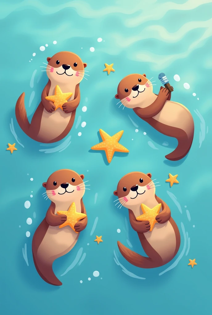 Top-down view of a group of five or more playful sea otters floating together in a cartoon style, each holding a sea star. The sea stars should have simple, distinct outlines to make them easy to recolor in post-production. The otters are cute and expressive, with varied poses and playful interactions. The background is a calm, flat blue ocean, adding to the lighthearted and cheerful atmosphere.