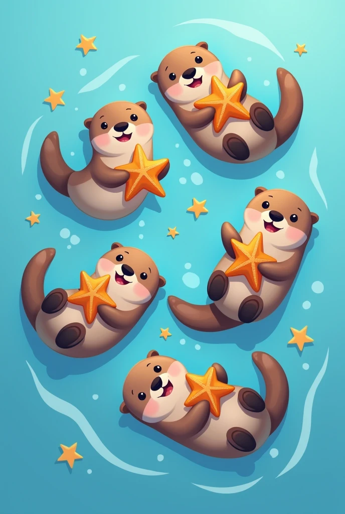 Top-down view of a group of five or more playful sea otters floating together in a cartoon style, each holding a sea star. The sea stars should have simple, distinct outlines to make them easy to recolor in post-production. The otters are cute and expressive, with varied poses and playful interactions. The background is a calm, flat blue ocean, adding to the lighthearted and cheerful atmosphere.