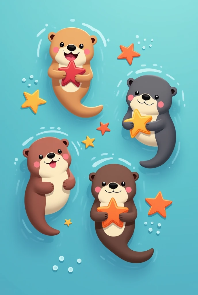 Top-down view of a group of five or more playful sea otters floating together in a cartoon style, each holding a sea star. The sea stars should have simple, distinct outlines to make them easy to recolor in post-production. The otters are cute and expressive, with varied poses and playful interactions. The background is a calm, flat blue ocean, adding to the lighthearted and cheerful atmosphere.