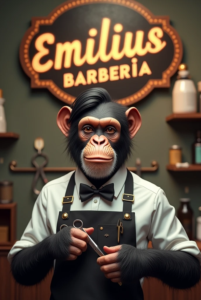 Chimpanzee barber with side parting hairstyle, with white shirt and bow, with scissors and a knife holder in his hands, Large sign on the wall of Emilius Barbería