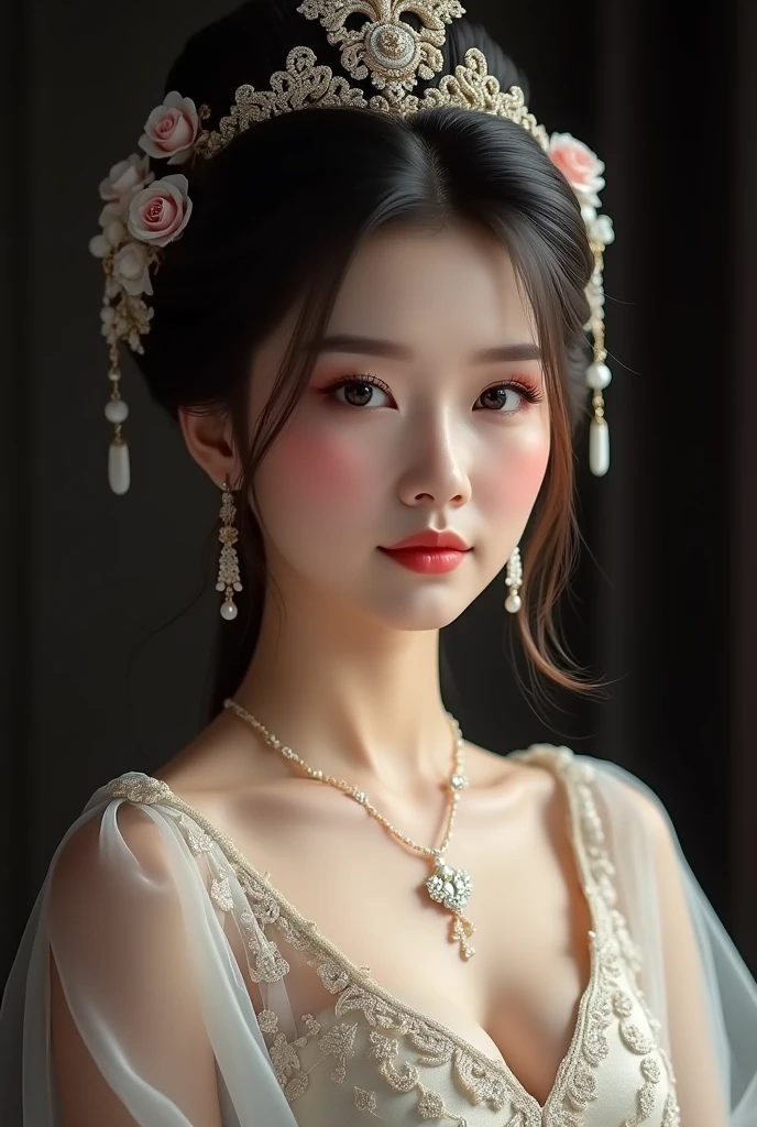 Meilleure qualité, chef-d'œuvre, haute résolution, 1fille,robe de mariée en Chine,ornement de cheveux,collier, bijoux,Beau visage,sur_corps, Effet Tyndall,Photoréaliste, Studio sombre, éclairage de jante, éclairage bicolore,(Peau très détaillée:1.2), 8k euh, Reflex numérique, éclairage doux, Haute qualité, éclairage volumétrique, Candide, photographier, haute résolution, 4k, 8k, bokeh