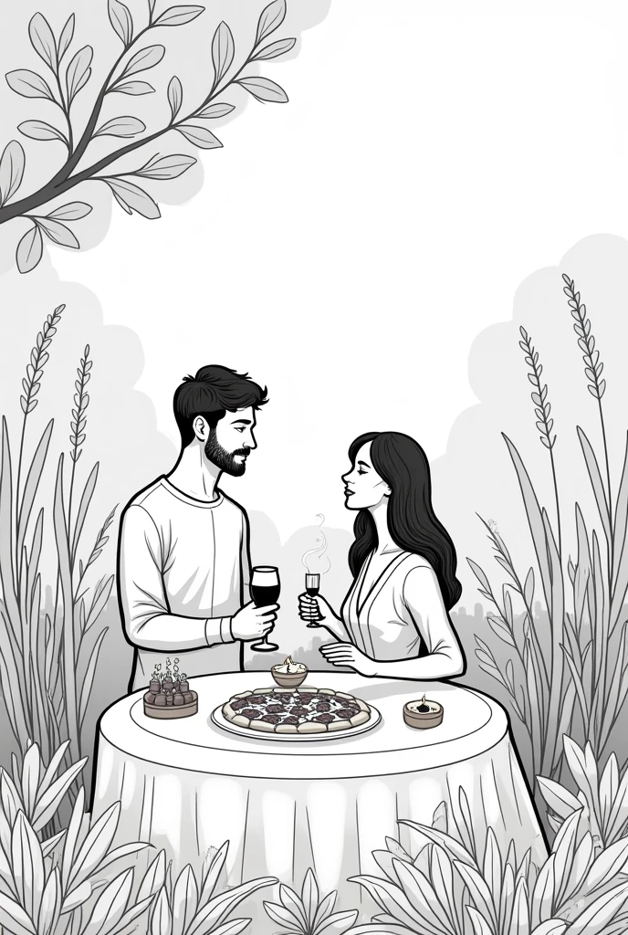 A romantic night with pizza and wine in the garden, illustration, minimalist, lineart