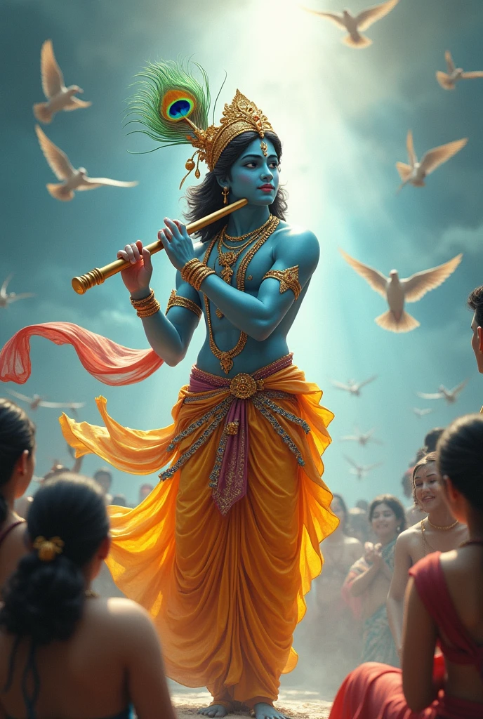 God Krishan , comeing , people pray him, krishan with flute, pagadi with peacock, light body , light come from sky , bird fly
