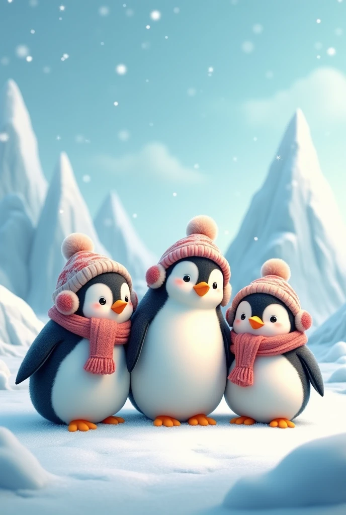 a group of pudgy penguins standing together on ice. Each penguin should be round and fluffy, with tiny wings and beaks, wearing winter accessories like scarves, hats, and earmuffs. Add snowflakes and icebergs in the background, using colors like white, black, and soft blues.
