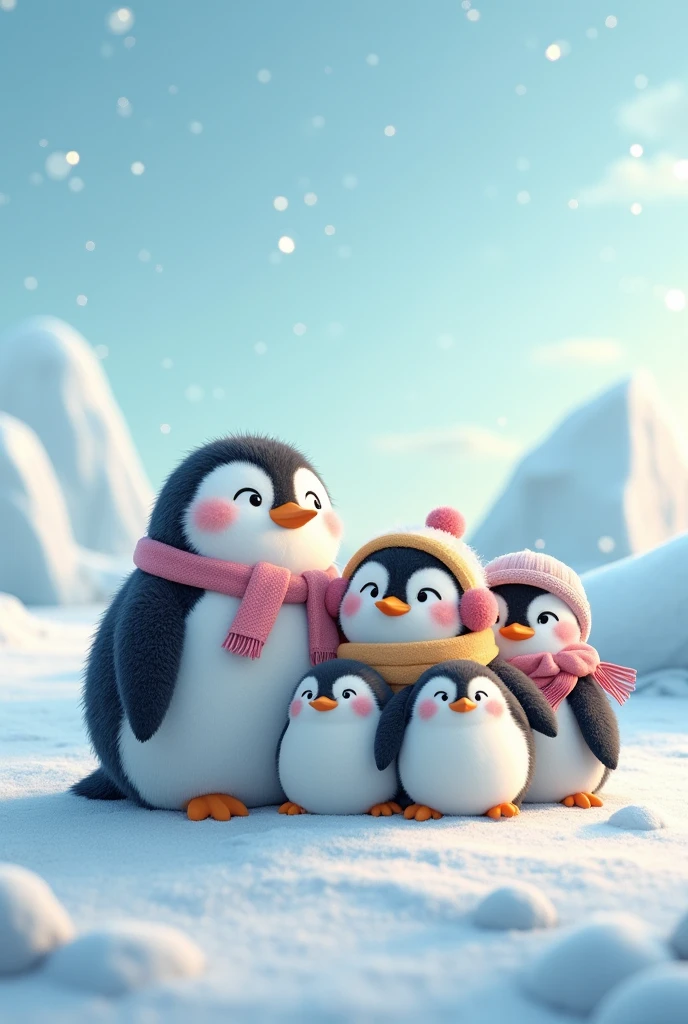 a group of pudgy penguins standing together on ice. Each penguin should be round and fluffy, with tiny wings and beaks, wearing winter accessories like scarves, hats, and earmuffs. Add snowflakes and icebergs in the background, using colors like white, black, and soft blues.