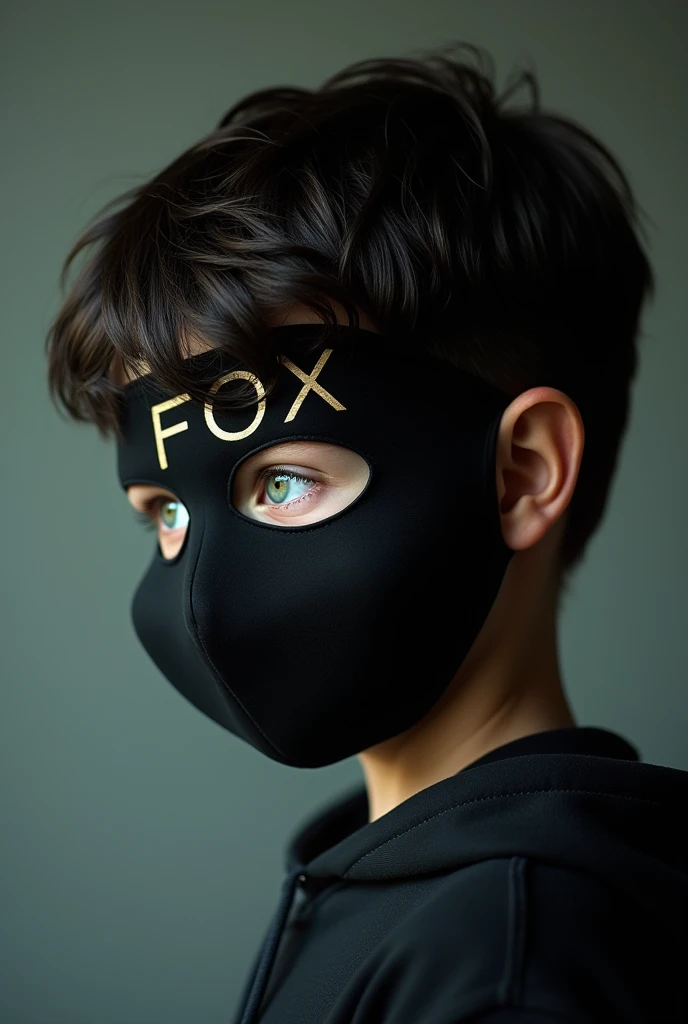 Profile photo of a boy with short hair and green eyes wearing a black mask with the name fox in the background