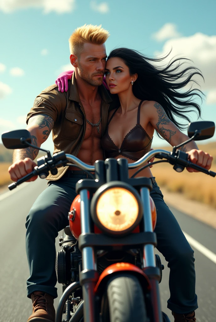  tall blond man with tattoos riding a motorcycle with a blue-eyed girl with black hair blowing in the wind with a pink helmet on his back hugging him around the waist 