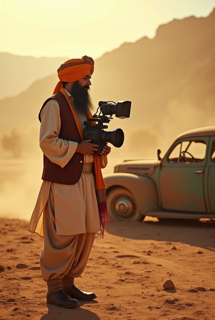 Punjabi turban sardar
shooting with camera in desert with long shoes , behind dusty car jacket cinematic footage, sun rays ,
