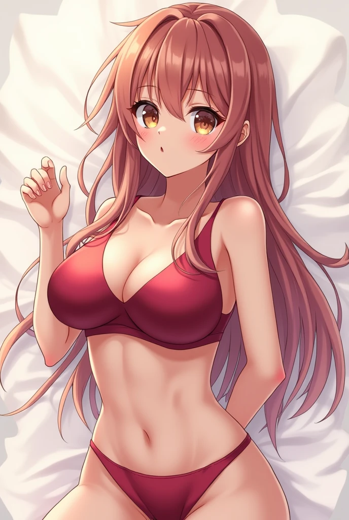 generates an anime girl with very big breasts showing her breasts, without any type of clothing covering your body