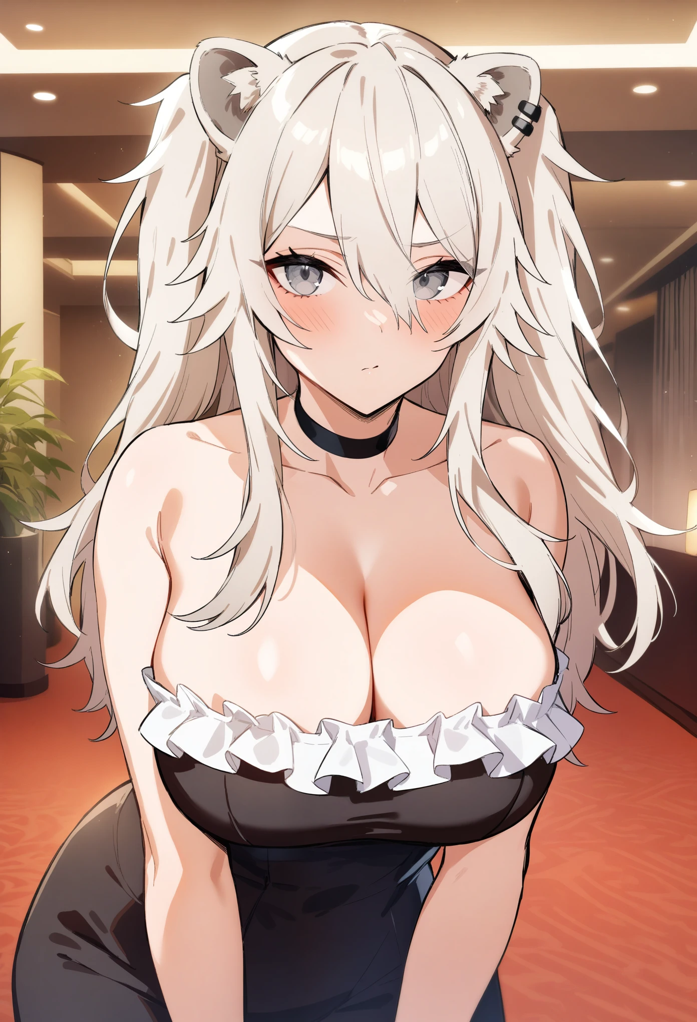 masterpiece, best quality, very aesthetic, absurdres, 1girl, shishiro botan, hololive, looking at viewer, upper body, two side up, messy hair, eyebrows, grey eyes, lion ears, large breasts, alternate costume, frilled dress, low neckline, off shoulddr, strapless, hotel