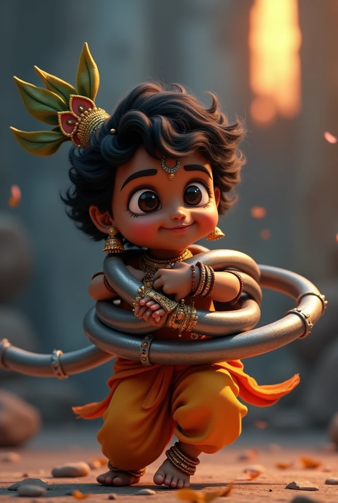 Animanated Little Krishna tied to Stainless Steel Pipe