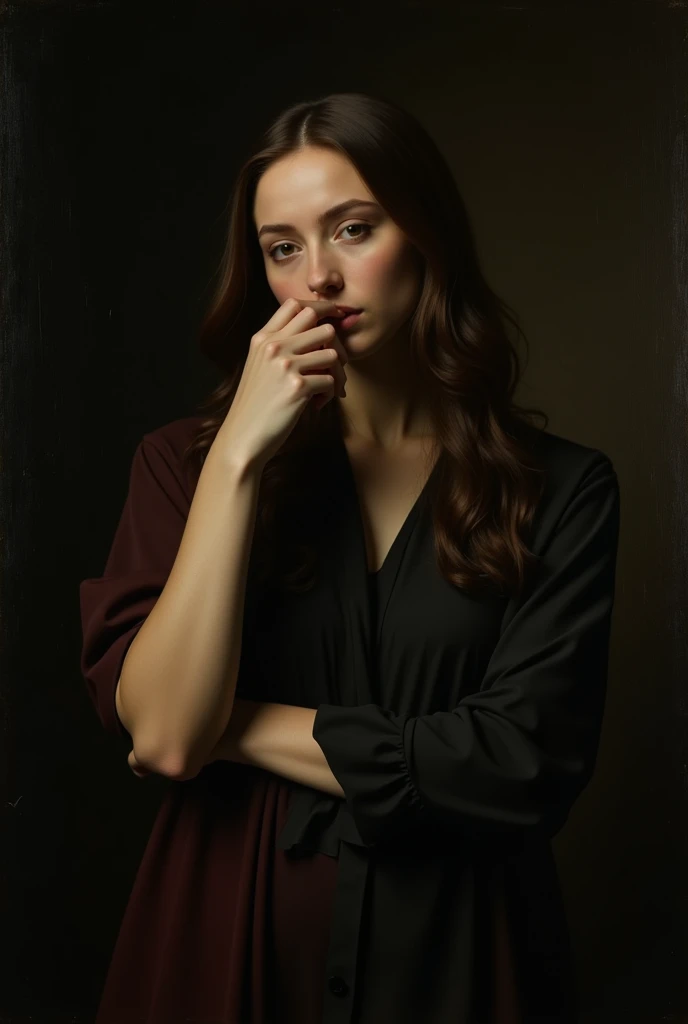 A portrait by Caravaggio depicting a woman standing serenely, pinching her nose as though she has encountered a bad smell, but her face remains blank and untroubled. Her eyes are calm, and her mouth is closed in a soft, neutral line. The lighting casts subtle shadows that enhance the stillness of her expression, while the dark background adds depth, making her serene and emotionless demeanor the focus of the composition.