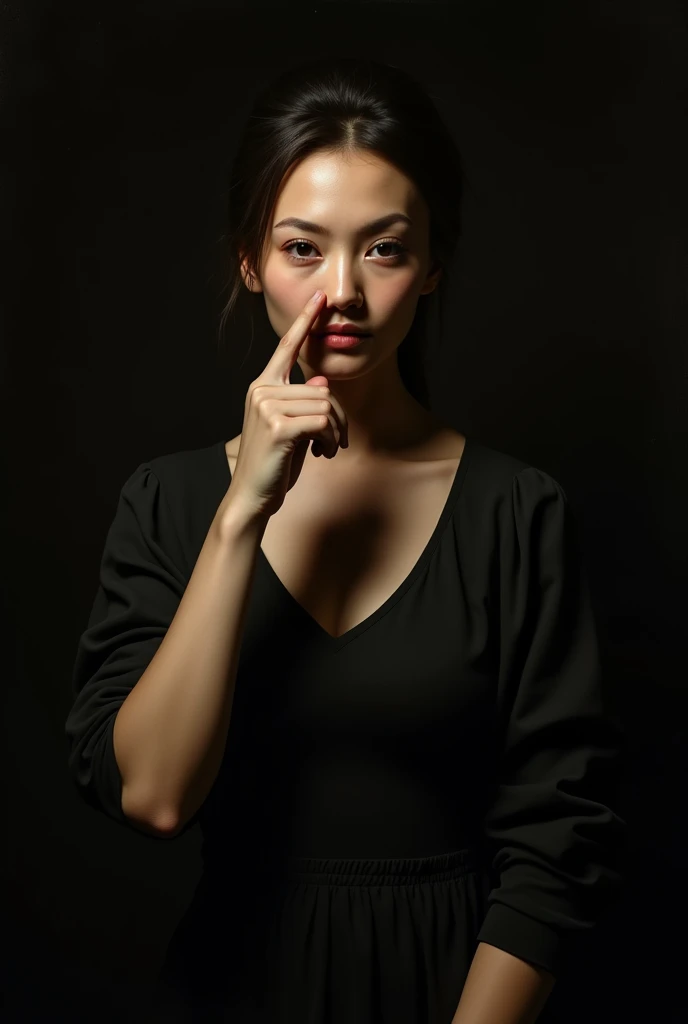 A portrait by Caravaggio depicting a woman standing serenely, pinching her nose as though she has encountered a bad smell, but her face remains blank and untroubled. Her eyes are calm, and her mouth is closed in a soft, neutral line. The lighting casts subtle shadows that enhance the stillness of her expression, while the dark background adds depth, making her serene and emotionless demeanor the focus of the composition.