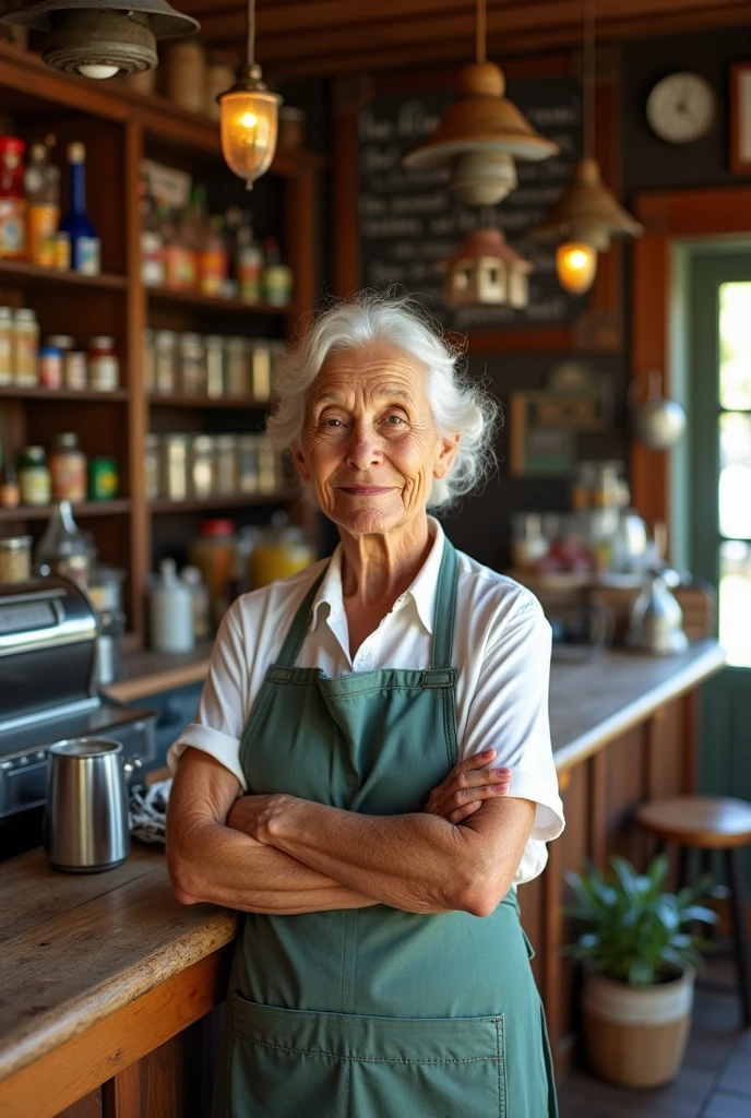 Generate for me an image of a grandmother who runs a neighborhood store in horizontal format so that it can be the image of a podcast 