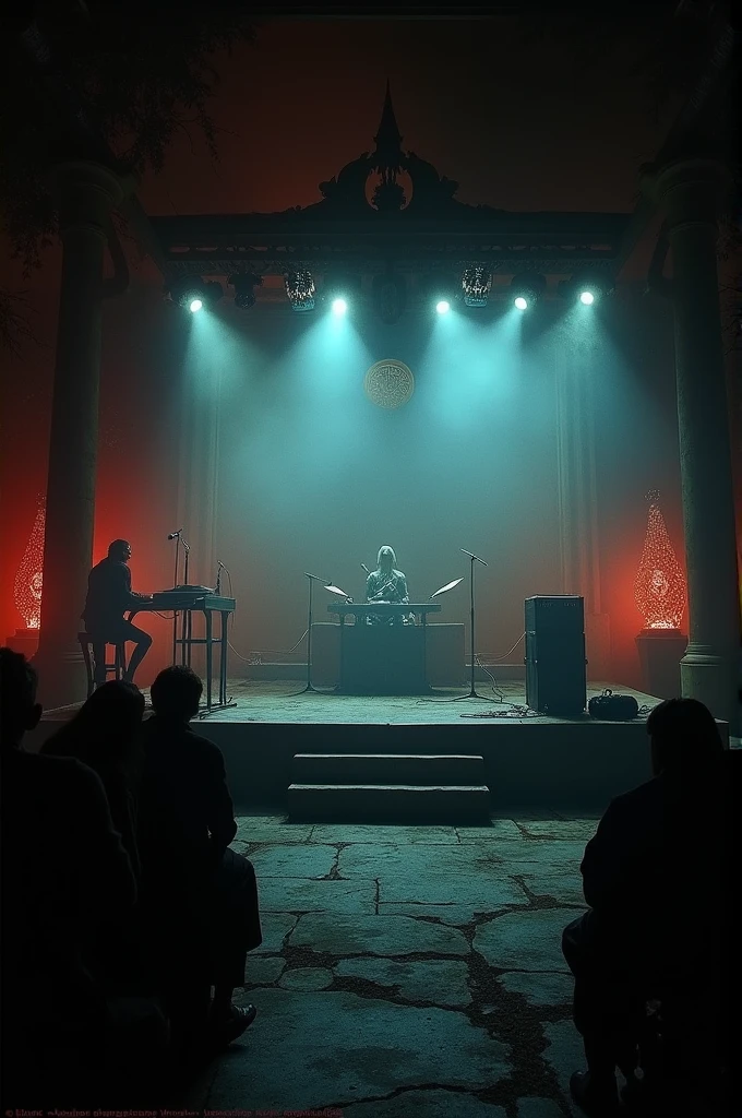 Dvd screen grab, dark fantasy, from 1980's dark fantasy film,low resolution dark candid, in the style dark fantasy, stage, music stage, dark fantasy music stage, at night