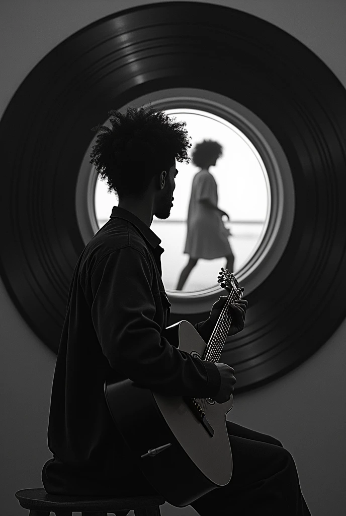 Music layer: LP record with a black guy with curly hair with a guitar in his hand, desperate, with his back turned, looking at a window inside the LP, seeing a black girl with curly hair walking away