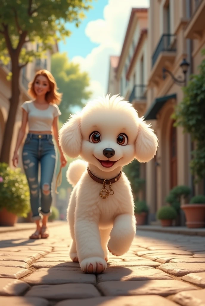 A white toy poodle puppy walking down the street with a woman