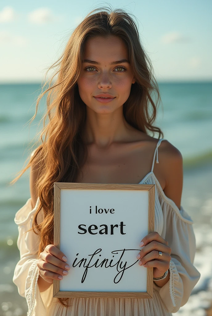 Beautiful girl with wavy long hair, bohemian dress, holding a white board with text "I Love Seaart Infinity" and showing it to the viewer