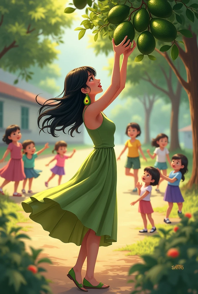 black-haired teacher, long and loose, avocado shaped earrings, at the country school with children playing and the teacher picking avocados, with a beautiful dress