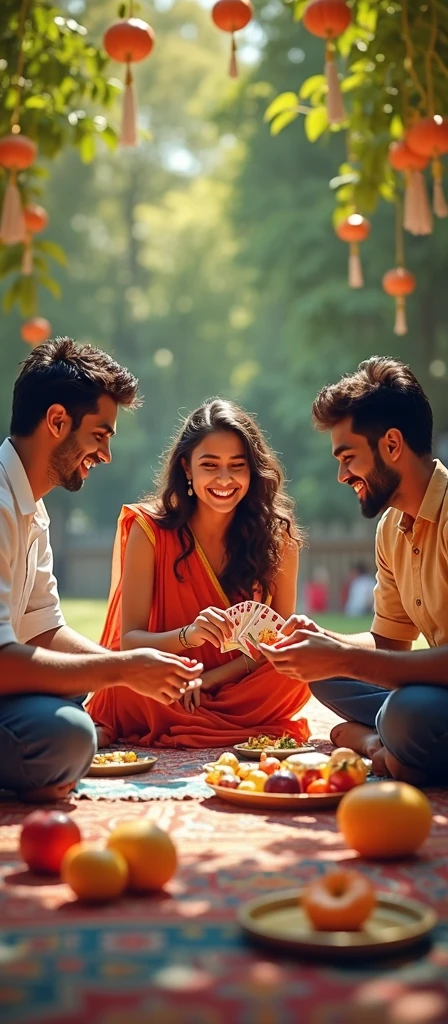 poster,Cover Design,Three Indian youngsters, two men and one woman, are playing cards outdoors.,Looking at the audience,carpet,fruit,food,Flowers,Trees,High-impact shots,Joyful smiles,photography,Photograph,