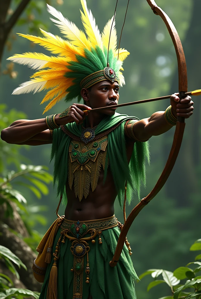 Orixá Oxossi shooting the arrow with yellow, green and white feathers on his head and the details of the green clothing with the green guide on his neck