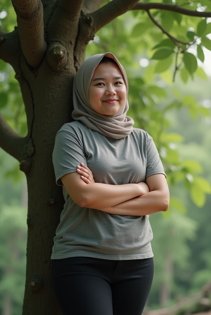 Show a slightly chubby Malay female, pose beside a tree. Hugging herself. Wearing hijab, tighted tee and leggings.
