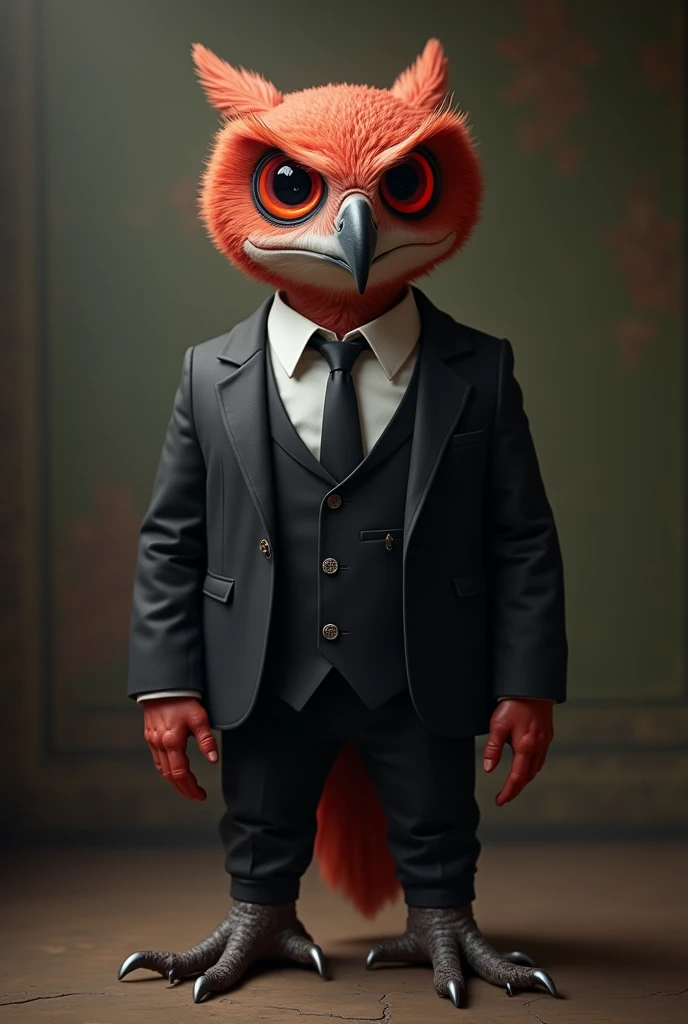 A skinny red-eyed owl in a suit