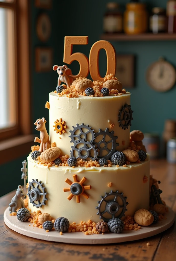 50th birthday cake for a man with butter cream who is a bit of a mechanical engineer, a little beer and some dogs (1 floor)
