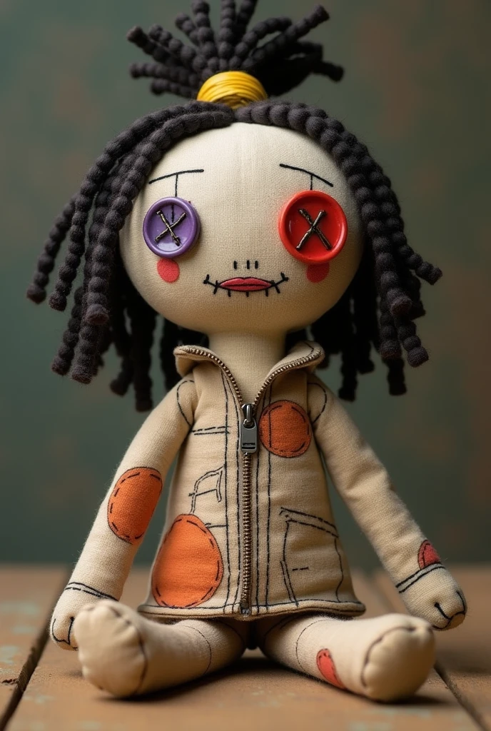 Body: The doll has a light brown body made of cloth, with visible seams in several parts, giving it a patched and handcrafted look.
Eyes: The eyes are represented by two buttons, one large red and the other small purple, sewn with white thread in the shape of an "X" and a "T".
Mouth: The mouth is sewn in a curved line with thick stitches and is black with white or gray threads.
Hair: He has a type of hair made of thick, dark braids or curls, which appear to be tied on the top of his head with a yellow thread or rope.
Accessories: There is a small metal closure (zipper type) on the neck, which adds a unique and distinctive touch.
Posture: The doll is sitting with her legs extended, giving the feeling of an old or worn toy.