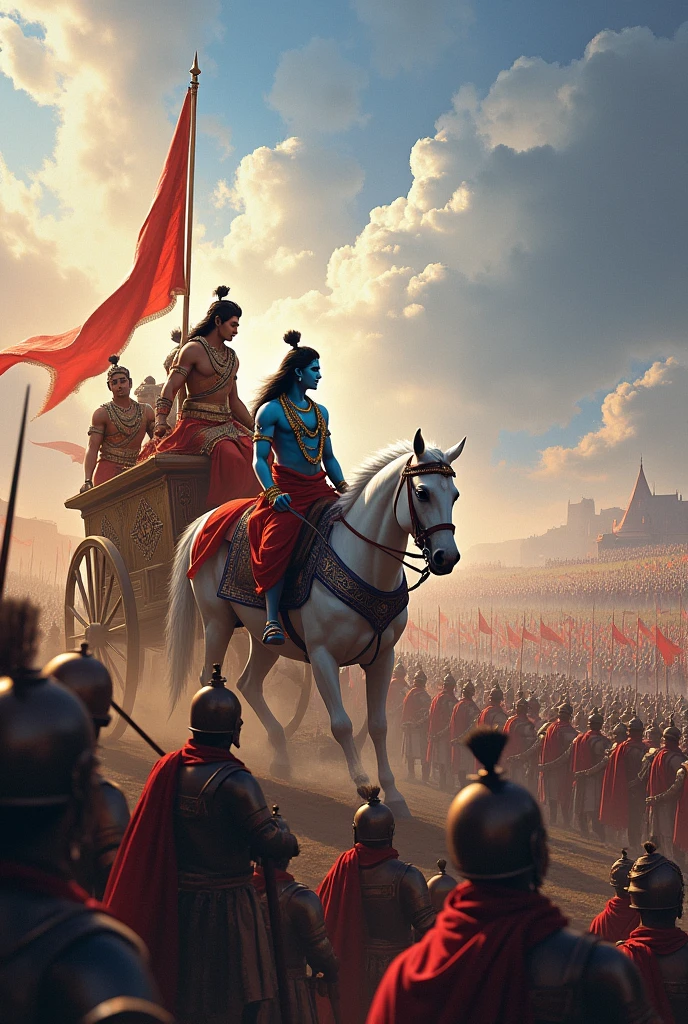 Krishna with Arjuna standing infront of their crores of army getting ready for the battle of kurukshetra with Chariot of white horses


