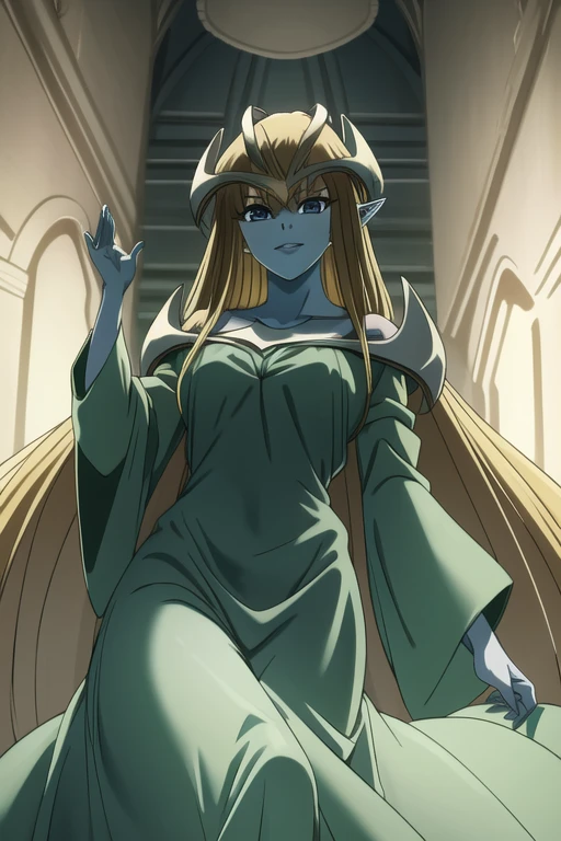 mysticalygo, mystical elf, smile, green dress, long sleeves dress. loose sleeves, long skirt, blue skin, blonde hair, long hair, room, Yugioh, from below, 1girl, Solo, Long Hair, Breasts, Masterpiece, Best Quality, Blonde Hair,