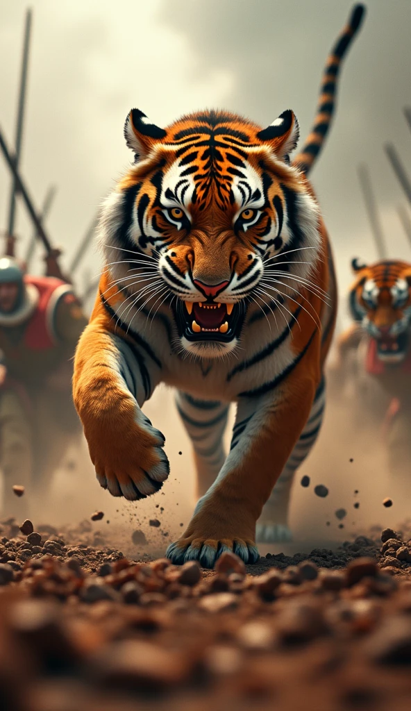 Close-up shot, Low angle shot, (A thrilling image of tigers in the heat of battle, their powerful bodies in mid-air as they pounce on the enemy. The tigers’ fur is matted with blood, their eyes blazing with primal fury. Around them, enemy soldiers are either trying to defend themselves or falling under the attack, their weapons clattering to the ground. The background shows the battlefield in full chaos, with Georgian soldiers charging forward, swords raised, adding to the overwhelming force of the attack. Dust and dirt are kicked up, swirling around the scene, making the air thick with tension.) unreal engine, cinematic, hyper-real, highly detailed, Ultra realistic HD --q 2 --v 6.1 --ar 9:16