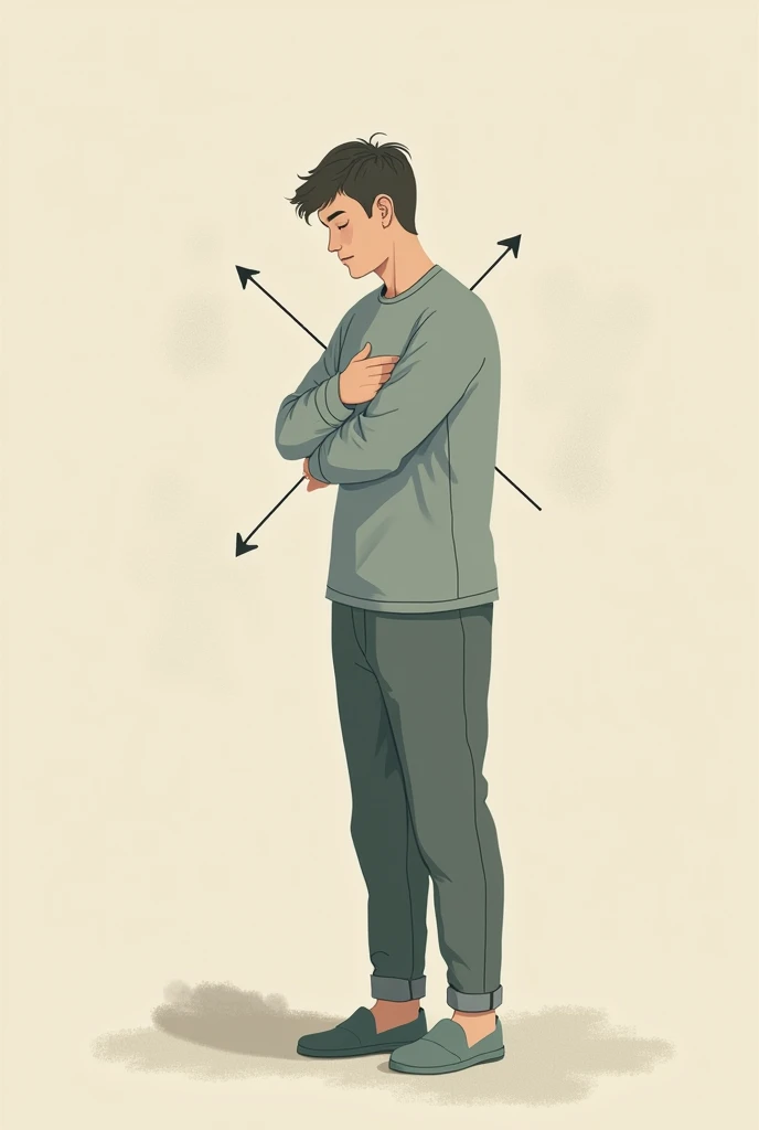 self-embracing movement, with arrows or annotations that explain the action of crossing the arms over the chest.
man