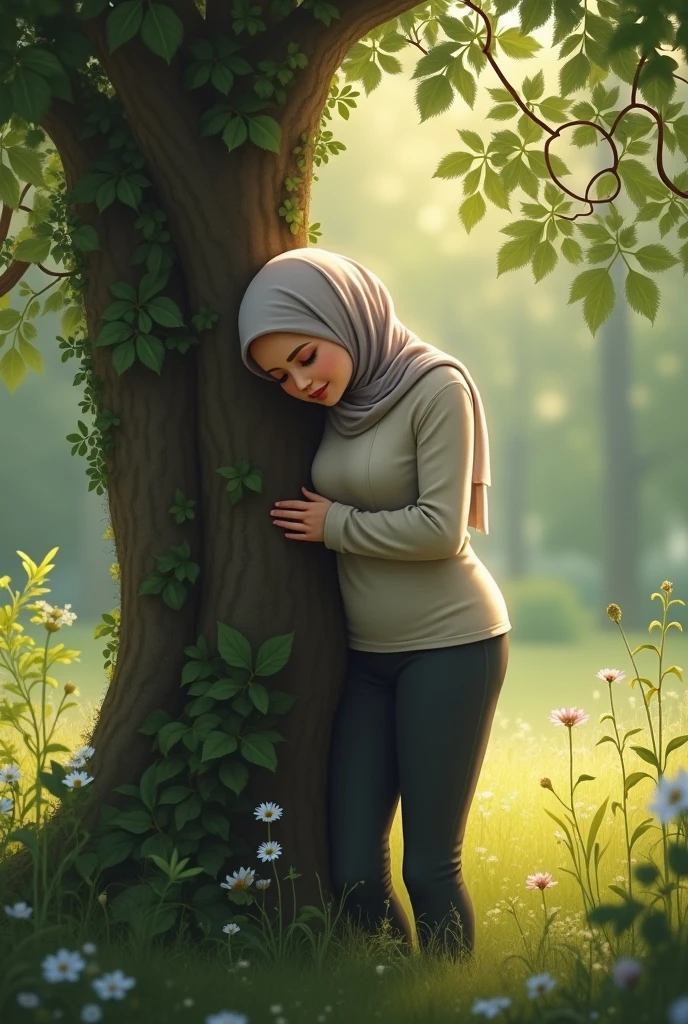 Show a slightly chubby Malay female, pose beside a tree. Hugging herself. Wearing hijab, skintight inner and leggings.