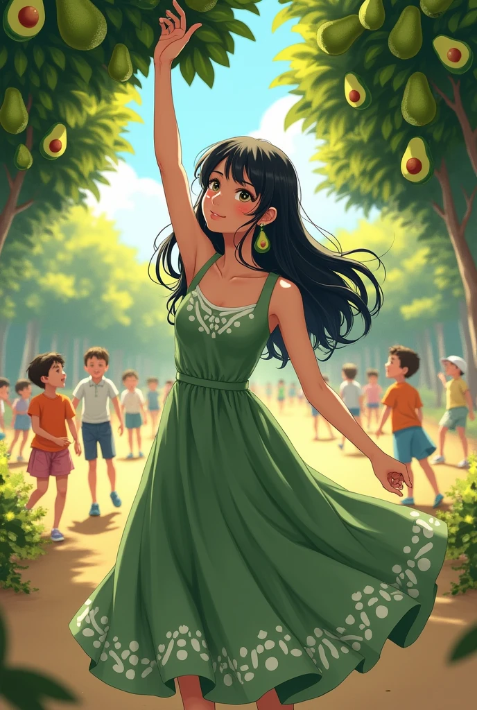 black-haired teacher, long and loose, avocado shaped earrings, at the country school with children playing and the teacher picking avocados, with a beautiful dress