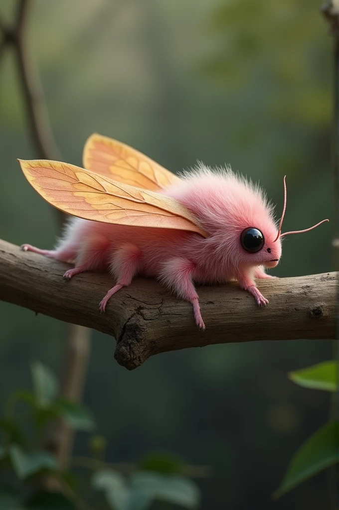 “Generate a detailed and lifelike image of a Rosy Maple Moth resting on a branch. Highlight its soft pink and yellow coloration, capturing the delicate, fluffy texture of its wings.”