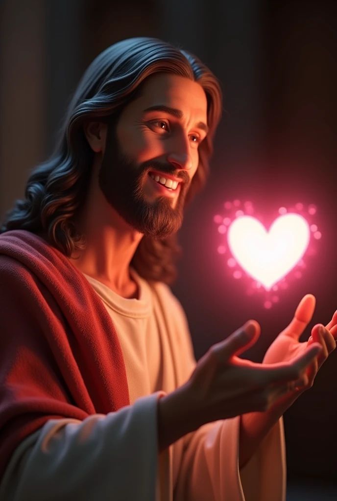 Create a hyper-HD, ultra-hyper-realistic image of Jesus smiling warmly. He is pointing with one finger of his right hand towards a comment text bubble that appears just below him in the background. The text bubble contains a pink heart inside it, glowing softly. The background should be subtle and dark, highlighting the text bubble and Jesus's gesture. The entire scene should capture a feeling of peace and warmth, with the comment bubble appearing slightly illuminated to draw attention to it."