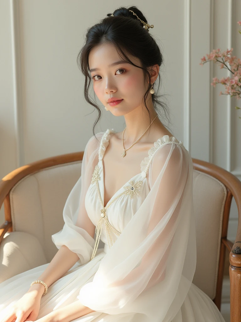 True. Pinay wears a white dress with the concept of Mid-Autumn Festival. A beautiful and young Asian girl Sitting on a chair.