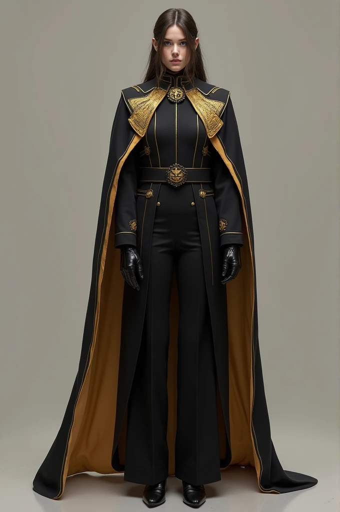 Make a two-piece men's and women's uniform where you wear: the logo of the Vatican, black with gold trim on the collar and sleeves, Don't be so close to the body, that is not so elegant and is comfortable for running or making agile movements, that has a golden imperial cape and a special Vatican brooch