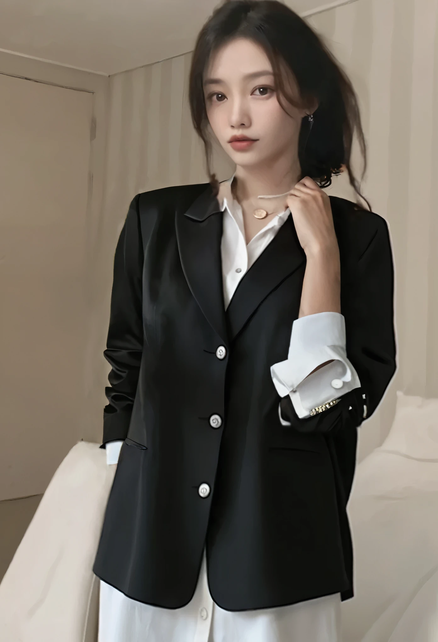 a man in a black suit, long sleeves, cuffed sleeves, hands in pockets, serious expression, looking straight, elegant formal attire, photorealistic, 8k, high quality, cinematic lighting, dramatic lighting, chiaroscuro, moody atmosphere, realistic, hyper-detailed, award winning, masterpiece,Clear hand outlines, clear fingers, correct number of fingers, realistic skin color